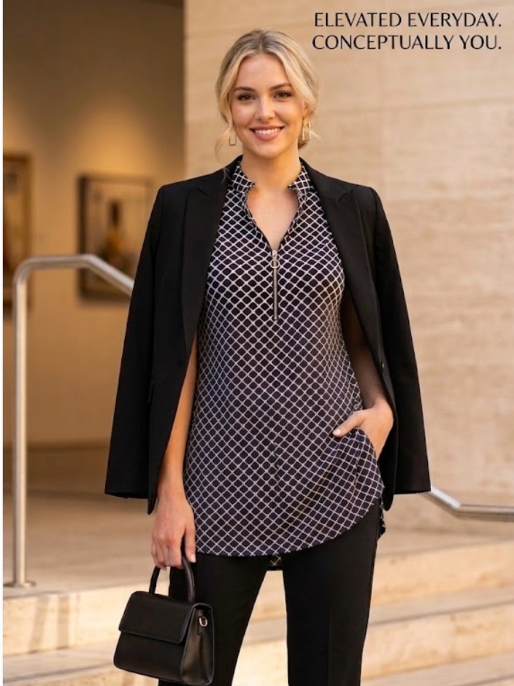 PerSeption Concept Black & White Geometric Split-Neck Tunic ~ Size Large